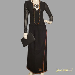 STEENA Womens Indian Embroidery Accents Drawstring Waist Black Maxi Skirt Size L